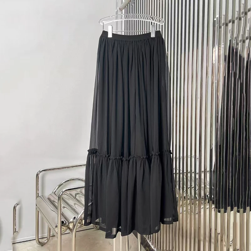 Falda de medio cuerpo plisada de gasa para mujer, falda larga informal versátil, media falda de cintura alta con borde de oreja de madera, nueva, 2025