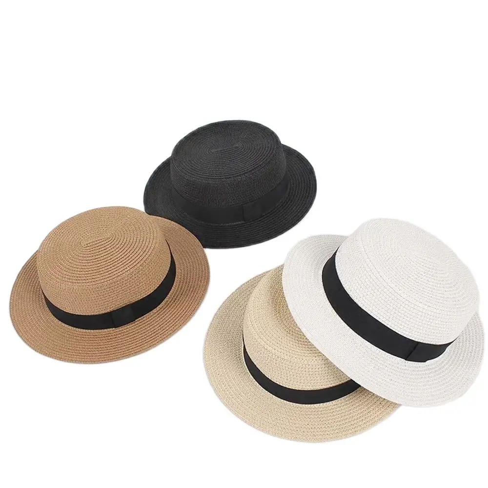 2019 new women\'s hat Ribbon Straw Sun Hat Breathable Large Brim Beach Summer Boater Beach Ribbon Round Flat Top Hat For Women