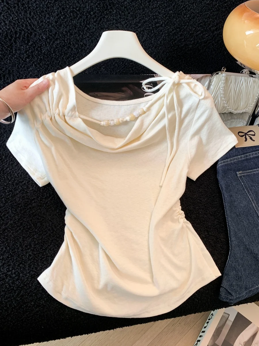 

Beige Beaded Short Sleeve T-Shirt Women's Summer New Unique Beautiful Side Pleated Waist Cinching V-Neck Top Ladies Fashion
