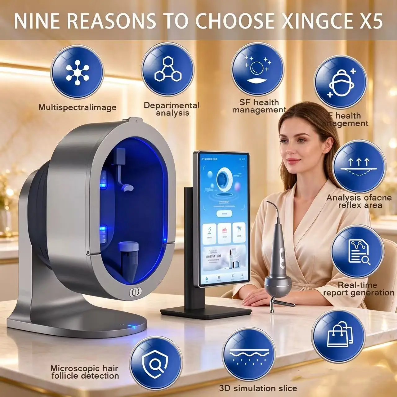 2026 X5-AI Skin Analyzer 11 Spectrum Facial Detector AI Aging Acne Pigment Tester Salon Skin Machine Touch Screen