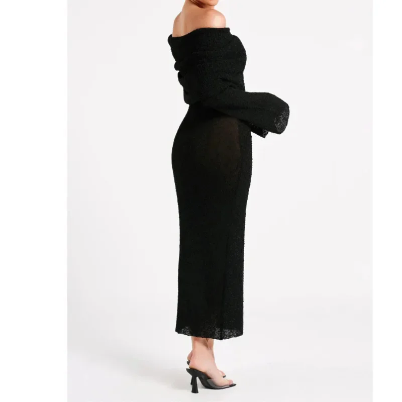 Elegant Women Off Shoulder Long Sleeve Knit Maxi Dress Slim Fit Hollow Out Sexy Bodycon Knitted Long Dress Party Evening Outfit