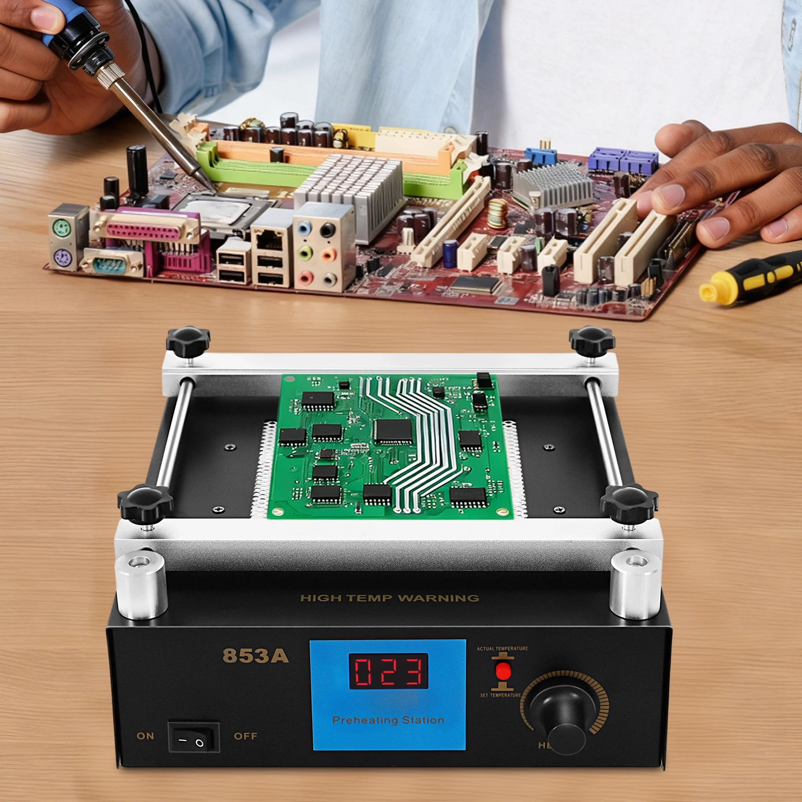 Soldering Station, YIHUA 853A Preheat Preheating Station, 110V US Standard, 450W Powerful Infrared Ceramic Heater, 120x120mm Large Heating Area, PID Temperature Control 122-752℉, LED Display, Anti-Static and Rust-Resistant Design