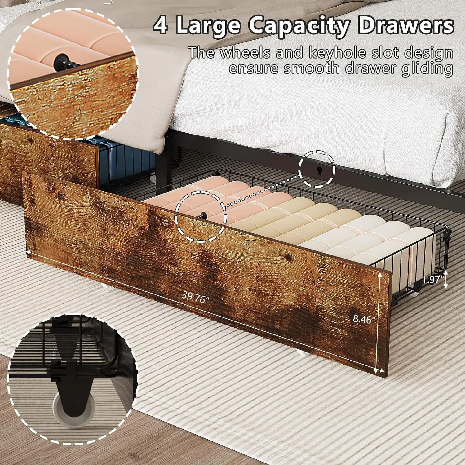King Size Metal Bed with 4 Drawers & LED Shelves, Charging Station, No Box Spring, Noise Free, Brown, Customized