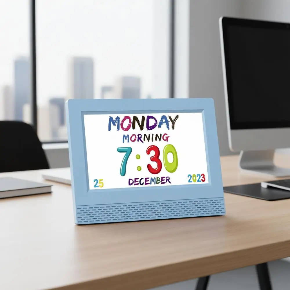 

Digital Alarm Clock Colorful, 7 Large LED Time Display, Children's Sleep Trainer, Eye-Caring Clock, 17 Alarm Settings, Kids Birt