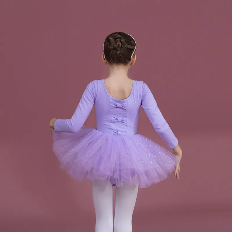EE01 Girls Ballet Dress Gymnastics Leotards Long Sleeves Tulle Bowknot Skate Tutu Dress Christmas Birthday Party Leotard DanIo0！