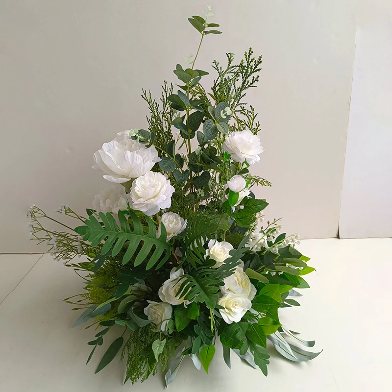 5D الأبيض الحدث الزفاف خلفية قوس Kt مجلس ديكور تشكيلة الأزهار النباتات الخضراء ورقة الورد Babysbreath الممر الطابق زهرة #3
