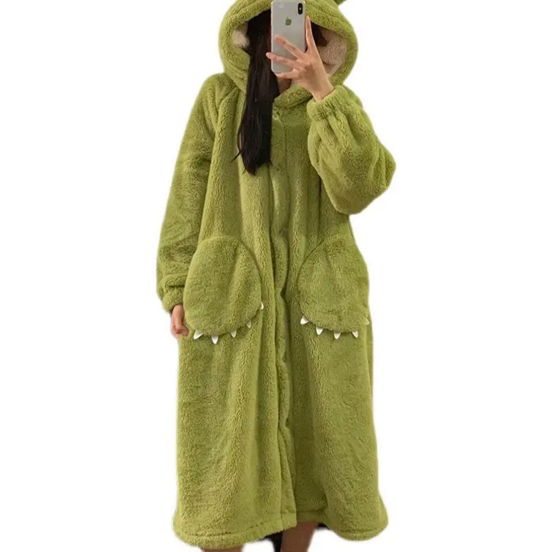 Plus Size Cartoon Long Robe Couple Models Hooded Pajamas Facecloth Bathrobe Autumn and Winter Coral Fleece Robe Women Homewear