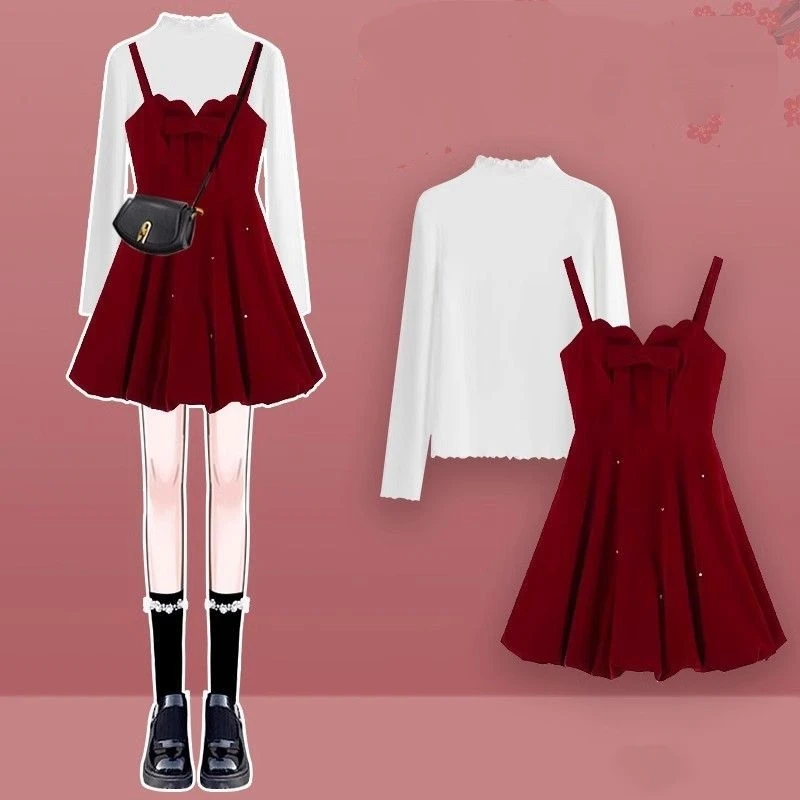 

Women's Autumn Winter Bottoming Tops Bowknot Sleeveless Mini Dress Two Piece Set Lady Graceful Solid Pullover Tank Dresses Suits