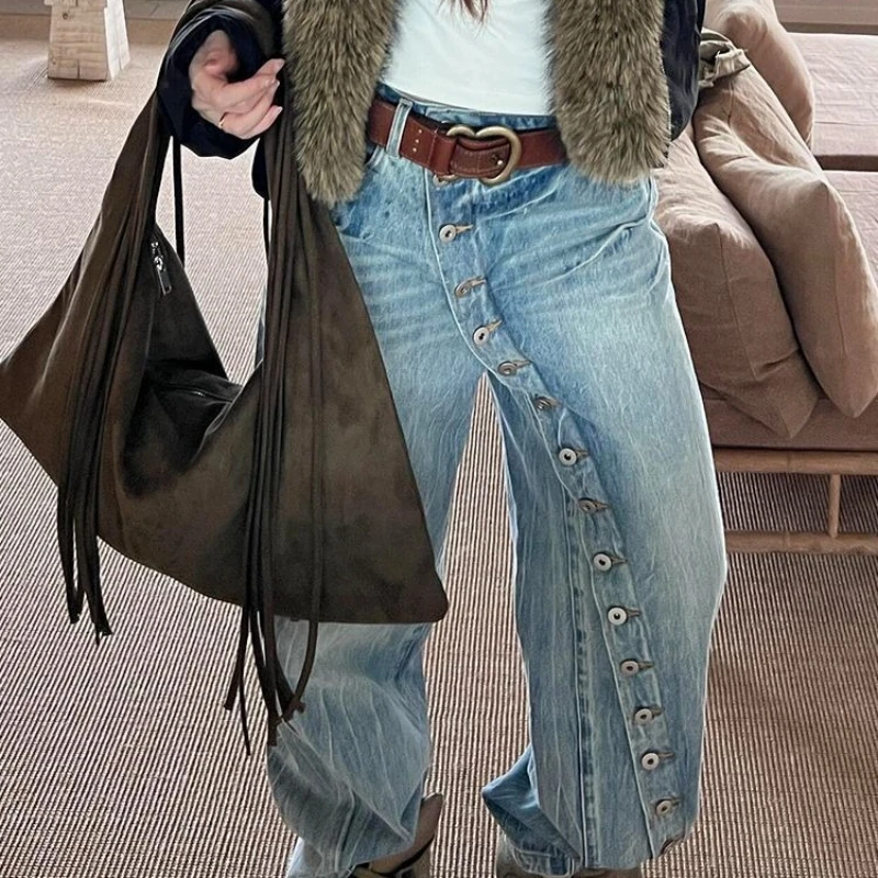 

American Spice Girl diagonal placket button jeans children niche retro old washed loose straight mopping trousers