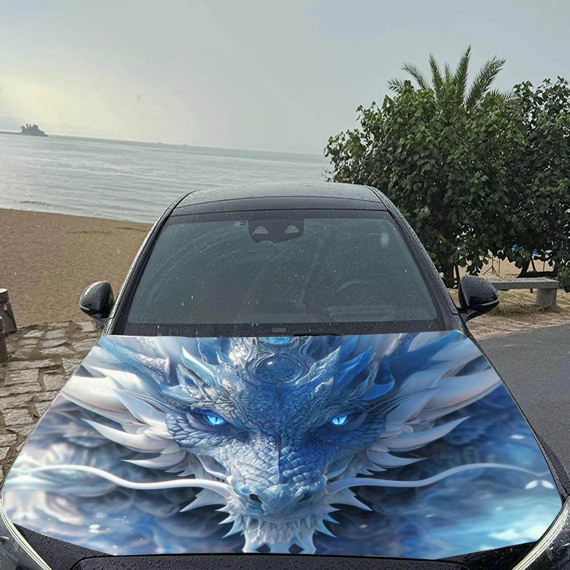 Fantasy Frost Dragon Car Vinyl Wrap, PVC Material Waterproof Car Hood Sticker, Self-Adhesive Scratch-Resistant Stickers for Engi