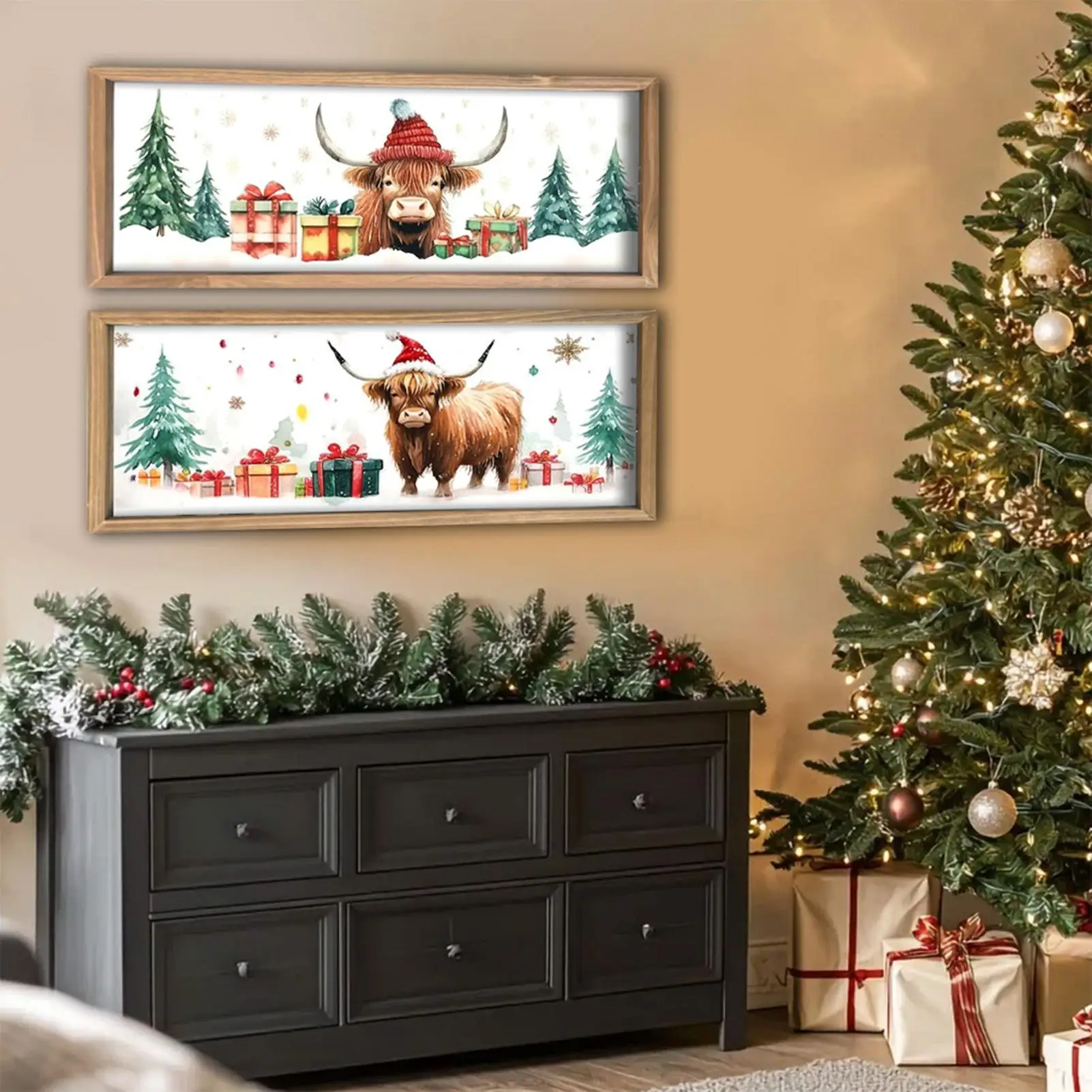 Cow Pictures Wall Decor 2Pieces Rustic Wood Print Cow Art Wall Decor For Christmas Decoration Bathroom Kitchen Bedroom Nursery