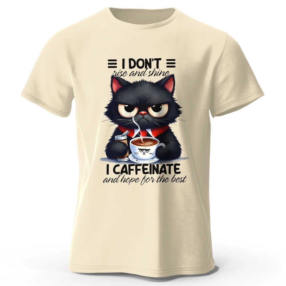 T-Shirt aus 100 % Baumwolle mit „Coffee Loving Cat“-Aufdruck, weiches und atmungsaktives Rundhals-Kurzarm-T-Shirt, lustiger Unisex-Stil