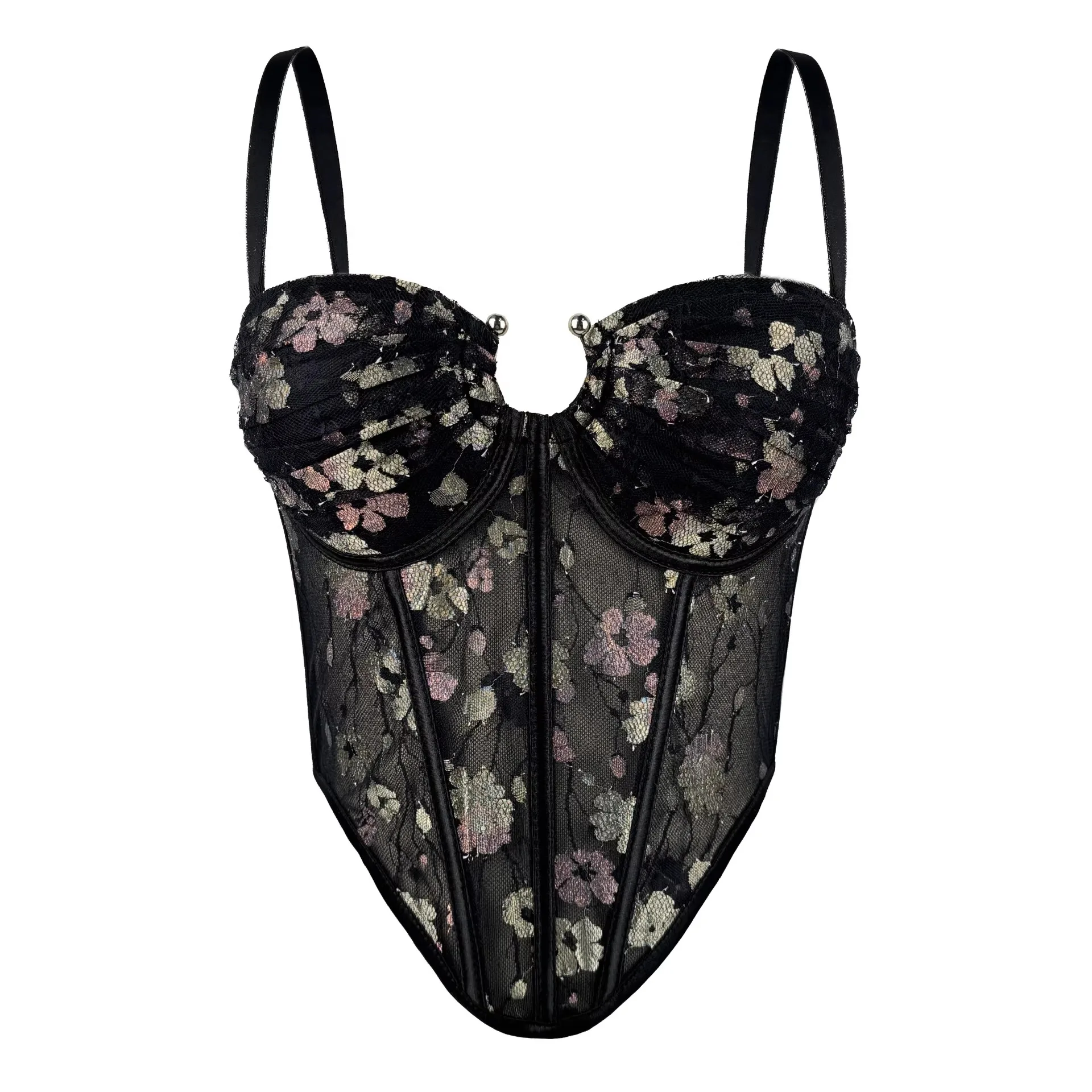 

Черный кружевной корсетный топ с цветочным узором из прозрачной сетки - на тонких бретелях, с вырезом в форме сердца, с корсетными вставками для утяжки талии