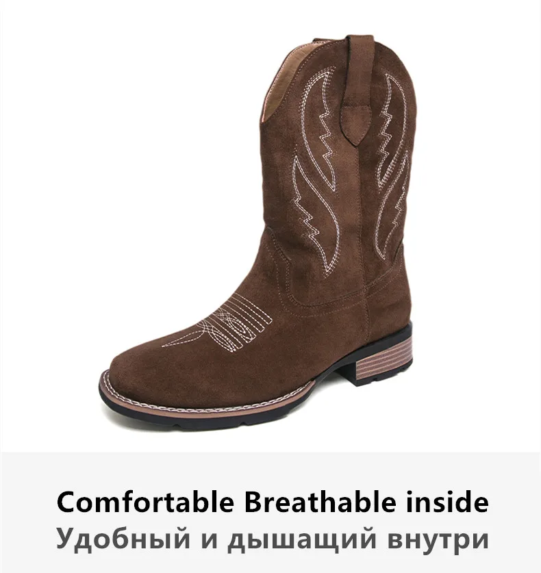 Neue Western Herren Cowboy Stiefel Vintage Mid-kalb Motorrad Stiefel Mode Wildleder Leder herren Stiefel Outdoor Casual Reitstiefel – Detail 5