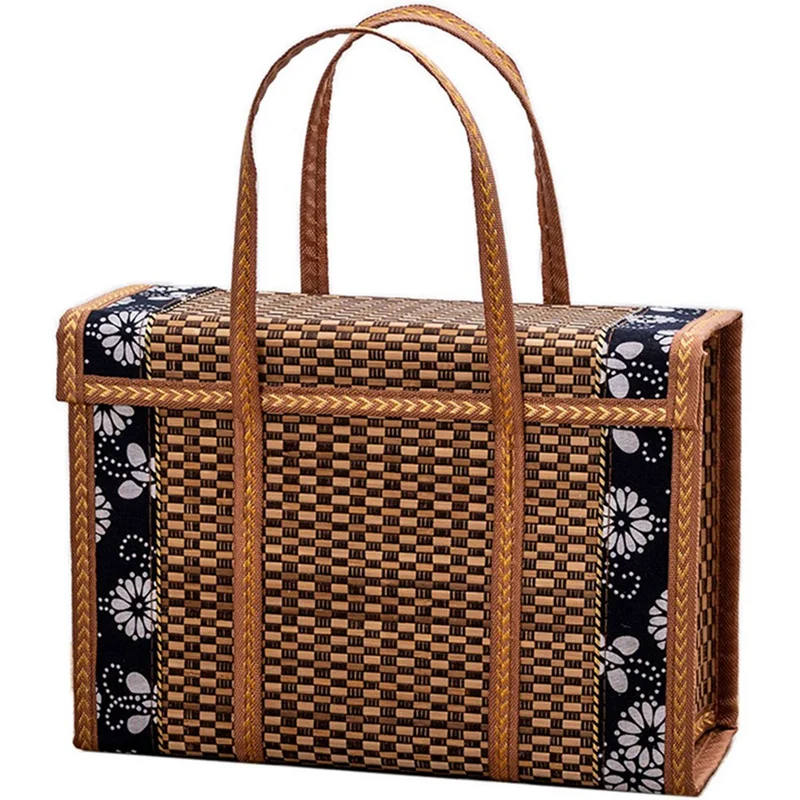 

6X Picnic Woven Basket Wicker Storage Bag Handle Folded Fruit Shopping Food Handle Rattan Grass Foldable Bamboo Basket