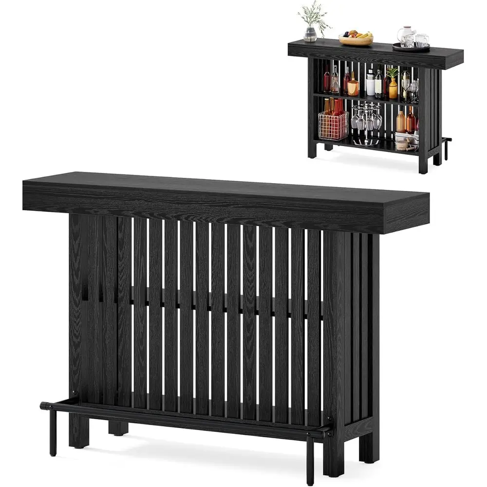 63 Compact 2-Tier Home Bar Table, Black Mini Bar Stand with Storage, Ideal Indoor Pub Counter