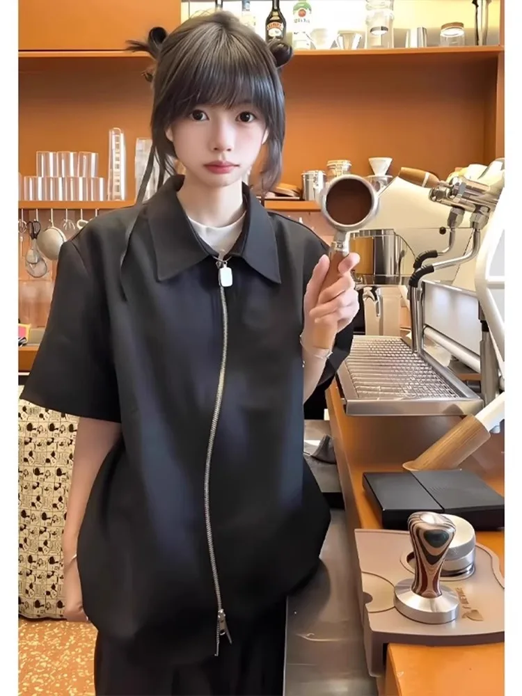 

Bla Double Zipper ort Sve irt Men's Summer Cleanfit Design Collar Open Cardigan f Sve Jaet Loose Fit Youth T...