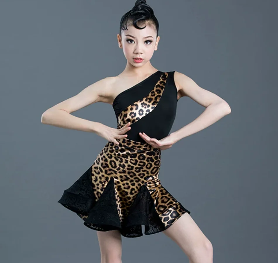 1pcs/lot One Shoulder Leopard Latin Dress Girl Performance Chacha Dancing Dress