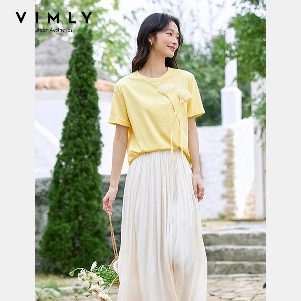 VIMLY Summer Yellow Short Sleeve T-shirt Woman 2025 Fashion Handmade 3D Floral Round Neck Cotton T Shirts Women Clothing A1519