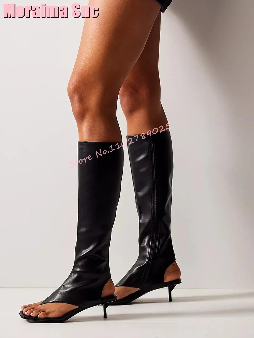 

Fashion Hollow Clip Toe Strange Heel Knee High Boots Side Zipper Runway Black Solid Sexy Elegant Women Shoes Summer 2025 Newest
