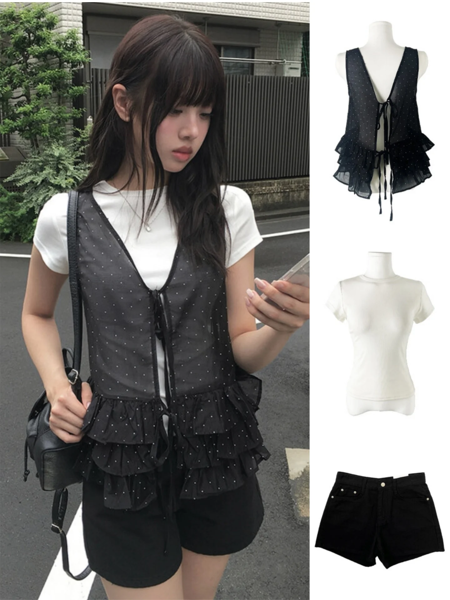 韓国風スイートポルカドット柄蝶ネクタイフリルスウェットTシャツ無地トップスデニムスカート付きレディースサマーウェア