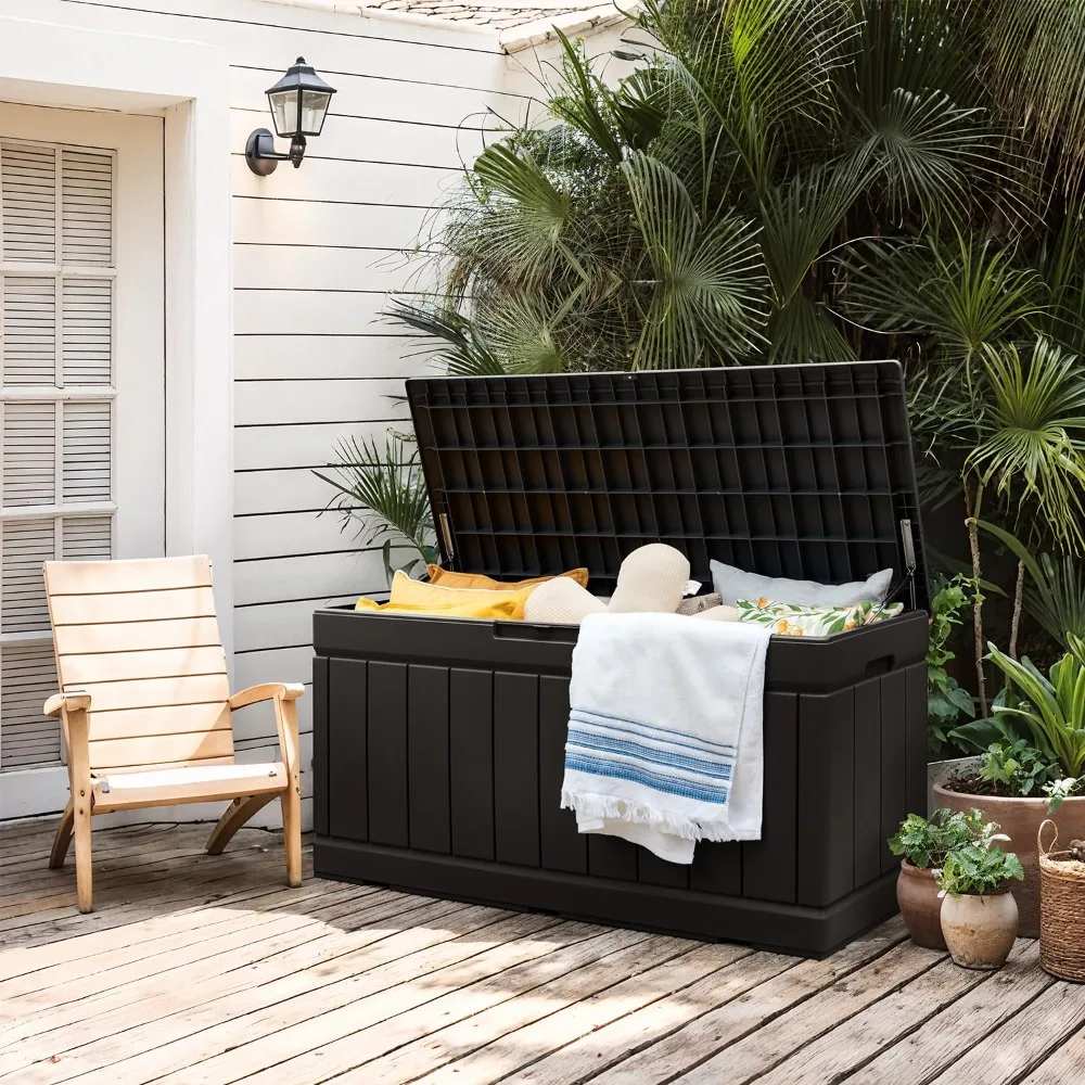 Outdoor Storage Box 85 Gallon Resin Waterproof Deck Box with Wood Texture Large Storage Bin for Patio Cushions (Black)