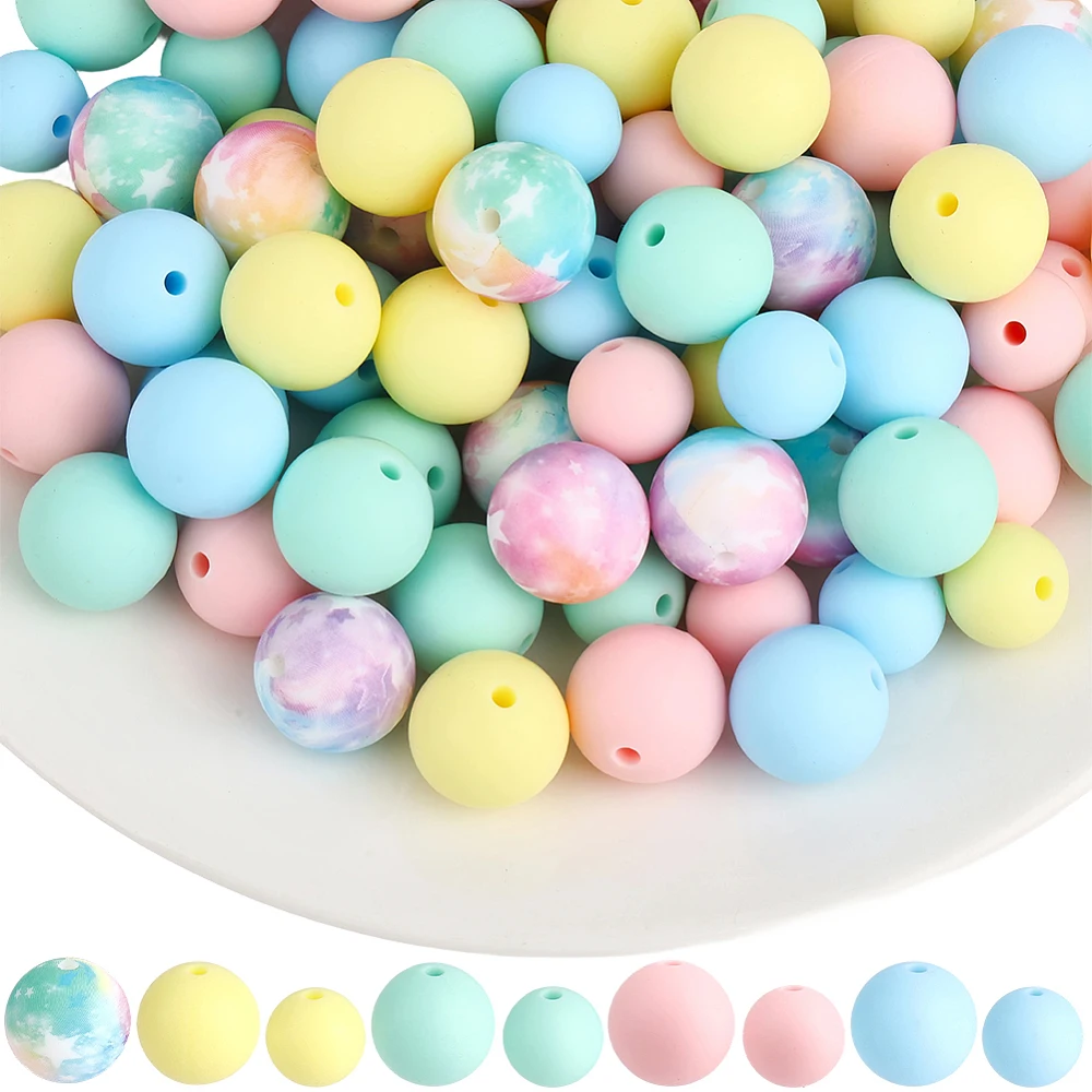 9 Styles 100PCS Pastel Round Beads with Hole Easter Focal Printed Floral Yellow Green Blue Pink Loose Spacer Bead Bulk