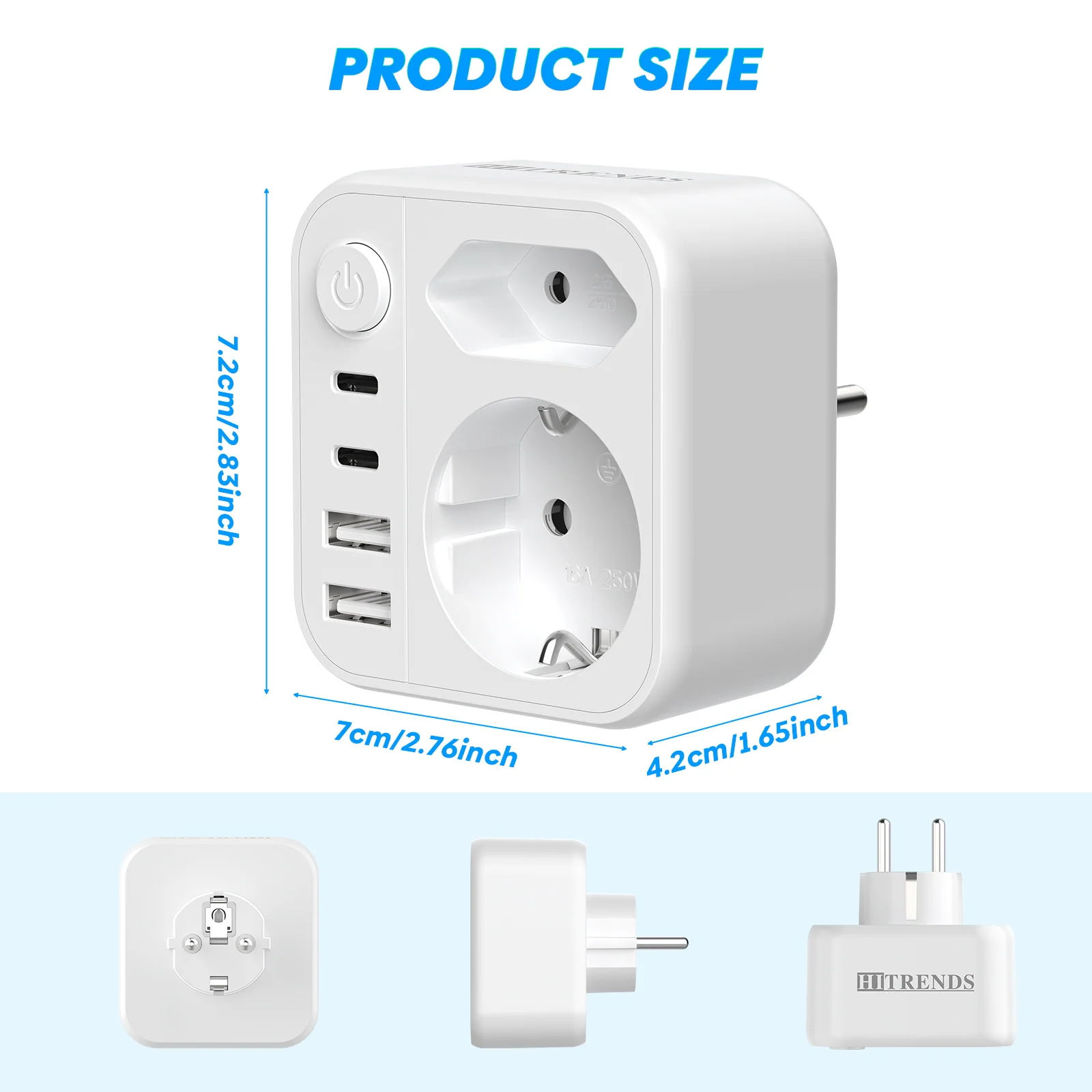 Prise adaptateur secteur ue 6 en 1 avec prise Euro/Schuko USB C/USB A17W, charge rapide/protections multiples, essentiel pour les voyages