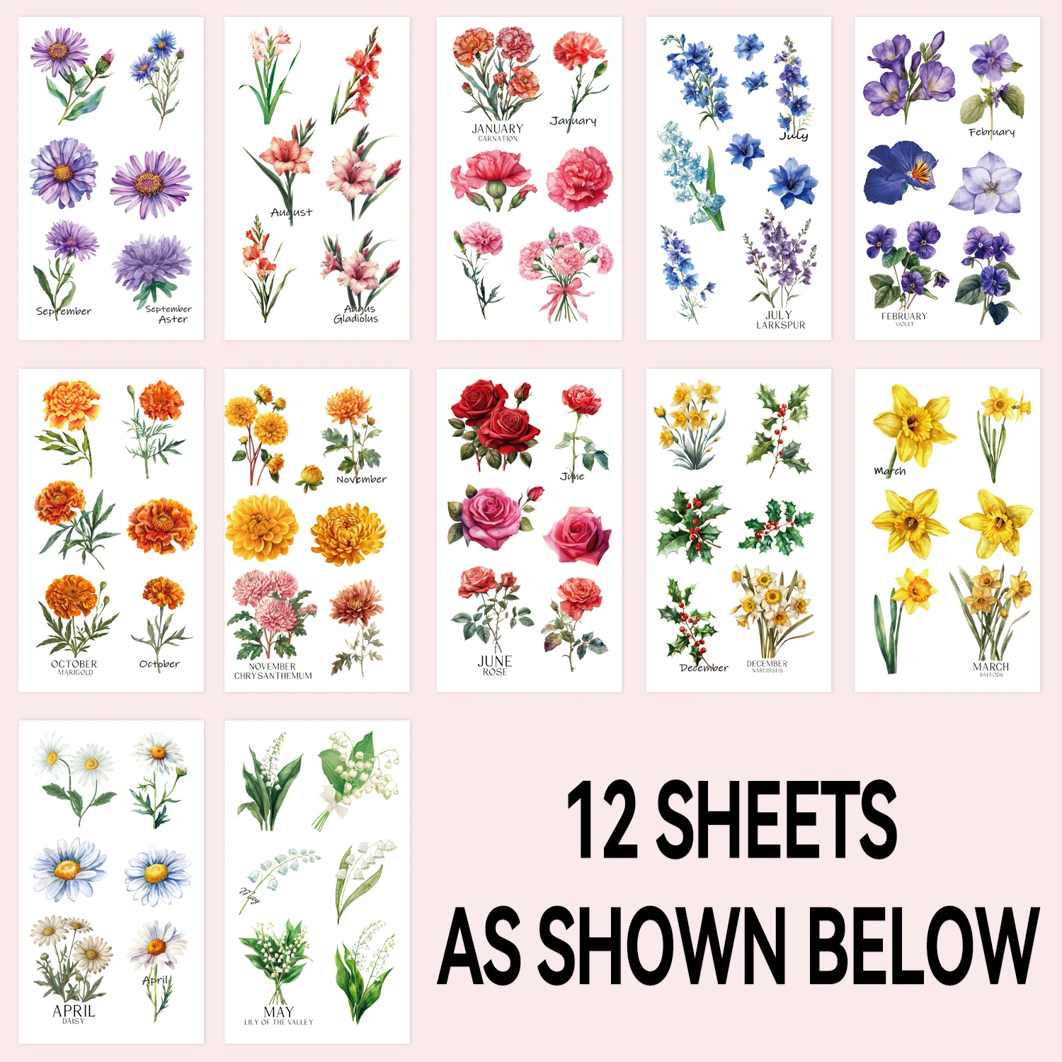 12pcs Monthly Flower Temporary Tattoos, Watercolor Floral Stickers for Women, Waterproof and Easy to Remove