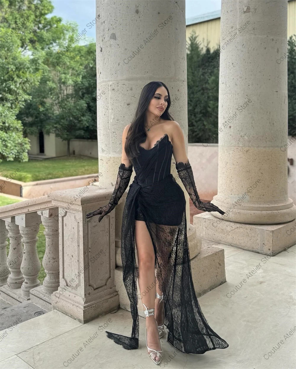 Cool Black Lace High Split Prom Dresses For Blackgirls 2024 With Gloves Black Queen New In Formal Occasion Dress Wedding Gowns