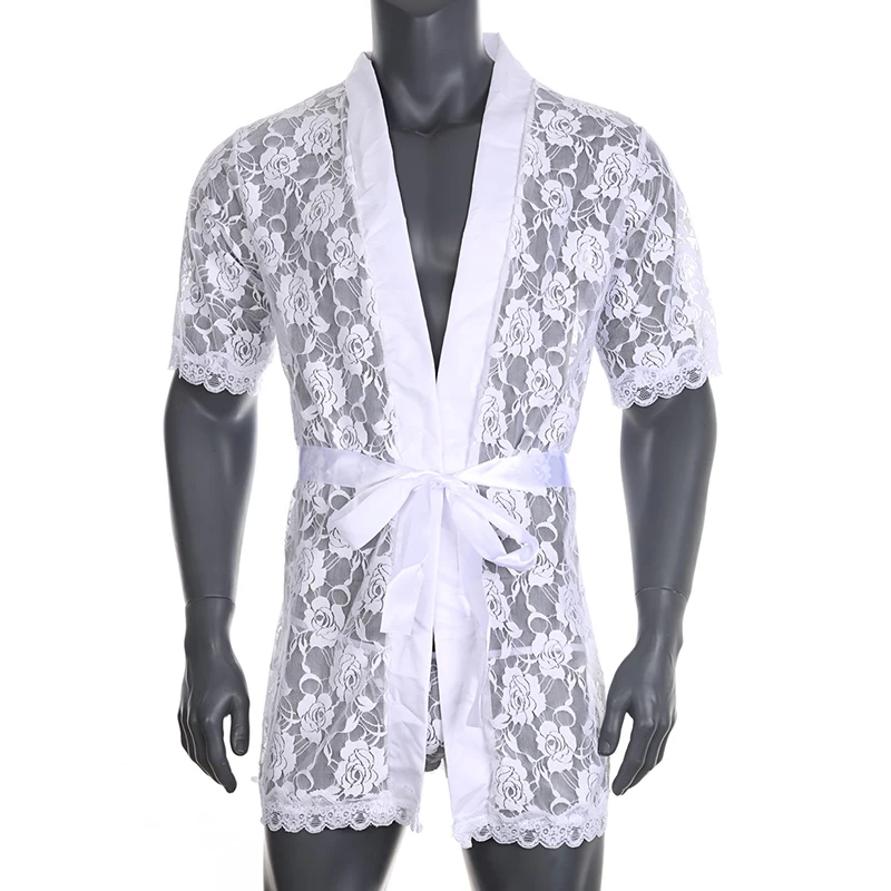 Men\'s Sexy Short Ssee-Through Porno Lace Bathrobe Transparent Sex Erotic BDSM Pajamas Thong Hot Suit Home Wear Clothing