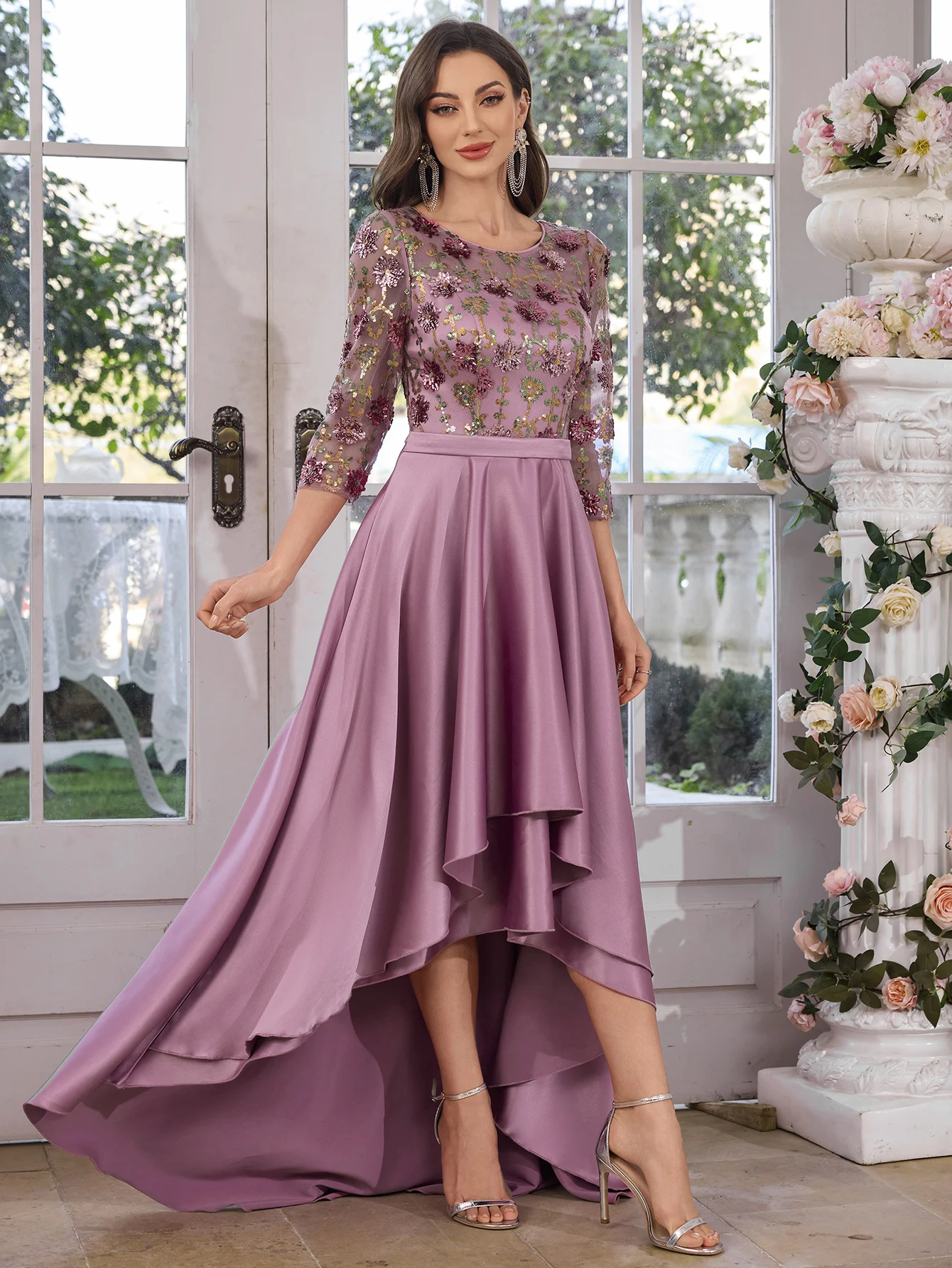 UNITHORSE Sequin Splice Satin Dress with Chest Embroidery for Women Evening Ball Gown Elegant Floor-Length Formal Skirt