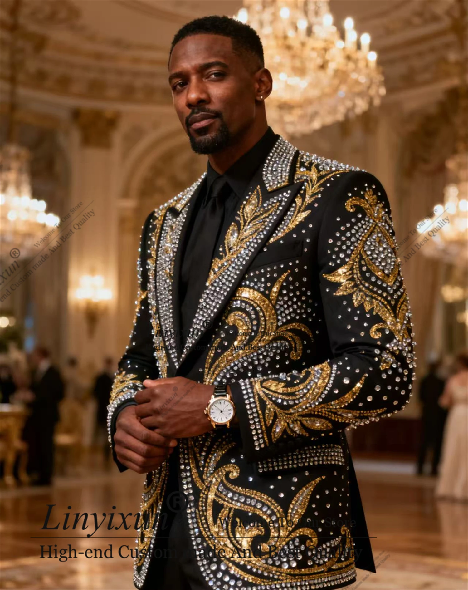 

British style Rhinestones Crystals Men Suits Customized Wedding Tuxedos Formal 2 Pieces Groom Male Blazers Slim Fit Ropa hombre