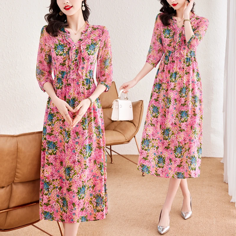 Summer Fashion Retro Silk Printed Mulberry Silk Dress For Women 2023 New Versatile Floral Loose Fit Leisure Vacation Vestidos