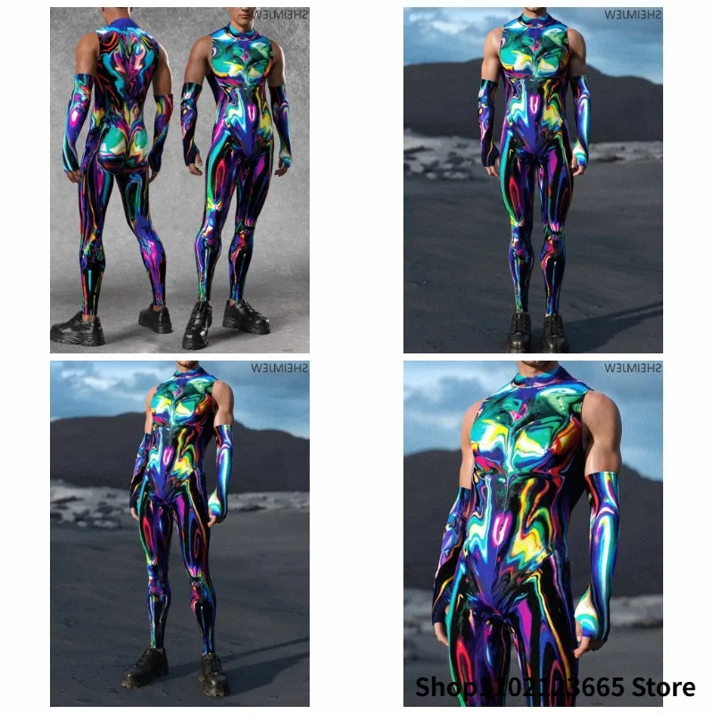 Multicolor Streamer Graffiti Jumpsuit Role Play Costume Boys Sexy Sleeveless Slim Stretch Tights Halloween Carnival Party Suit