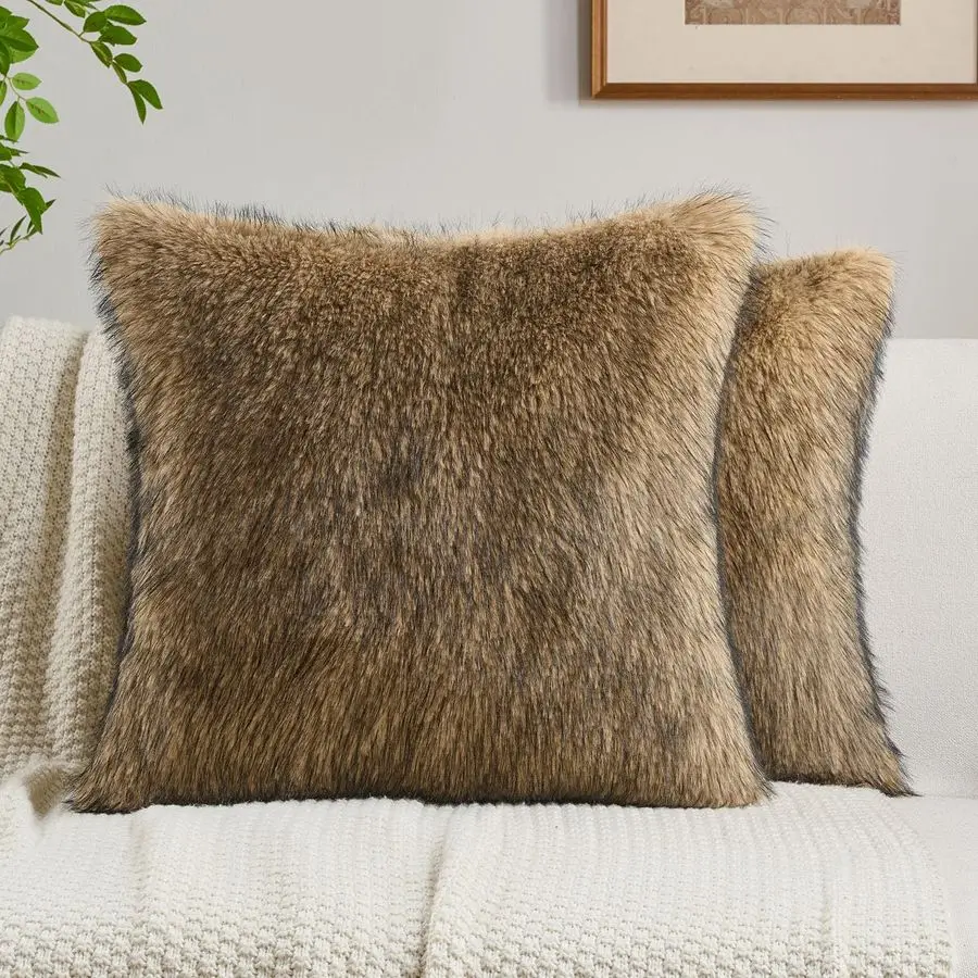 

Tawny Decorative Throw Pillow Covers 18x18 Inch Set of 2,Soft Faux Raccoon Fur Textured Cushion Case,Modern Home Luxurious Decor