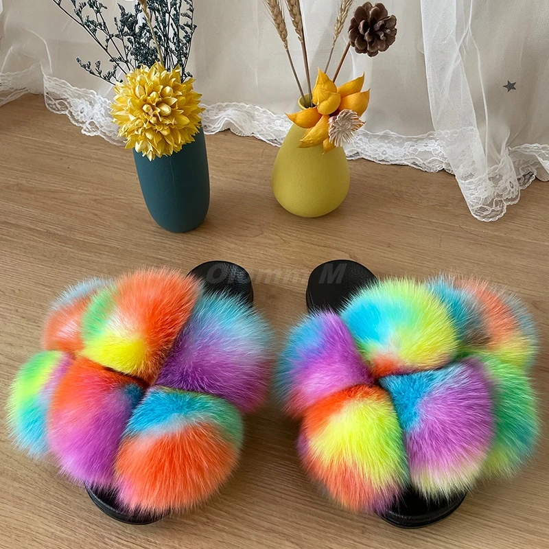 Women Summer Real Fox Fur Slides Women Non-slip Fluffy Fur Slippers Women Furry Slippers Ladies Cute Plush Fox Hair Slippers Hot