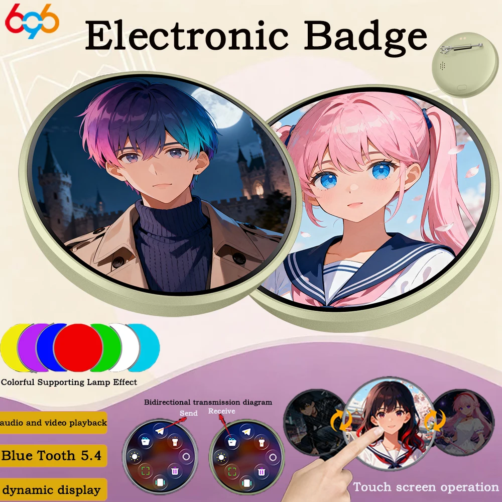 696 Blue Tooth Electronic Badge Colored Lights Dynamic Picture Touch Screen  Music Video Play Bidirectional Transmission Brooch