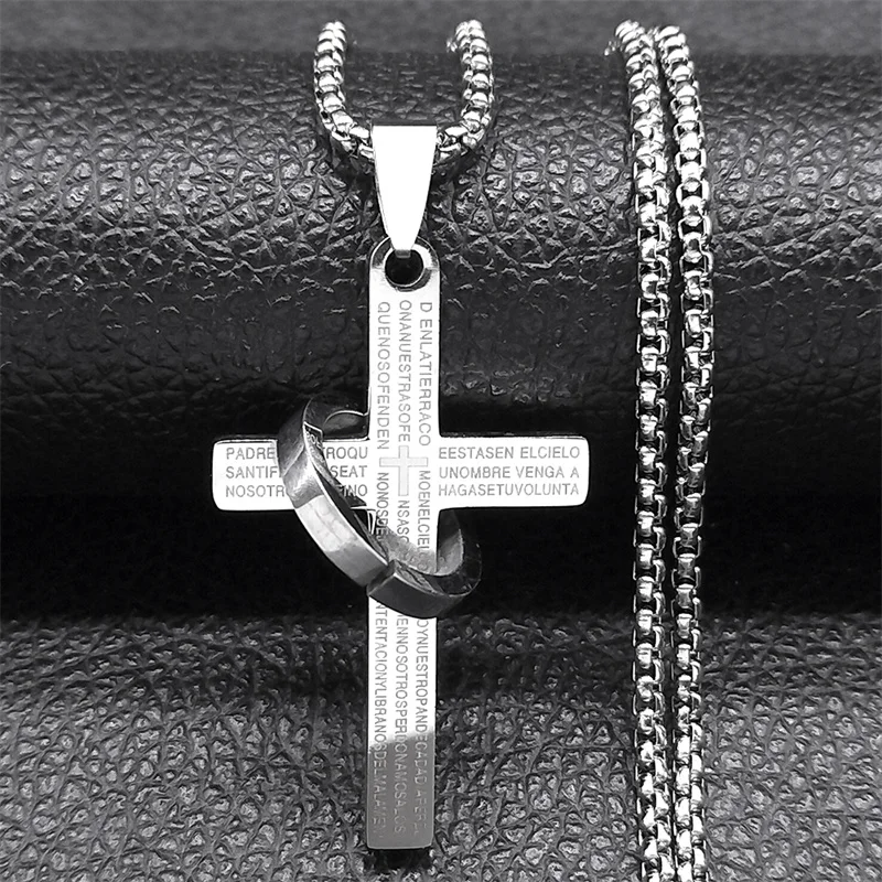 Spainsh Jesus Cross Ring Necklace for Women Men Stainless Steel Christian Holy Lord Amulet Chain Jewelry collar NZZZ7411S02