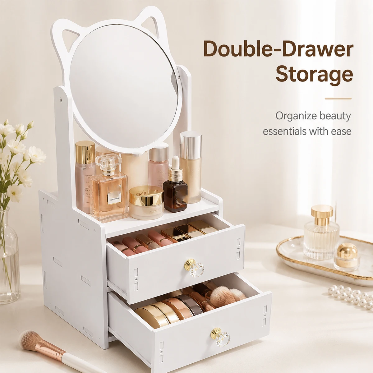 Cute cat shaped makeup organizer with 360 ° rotating mirror and double drawer makeup storage box