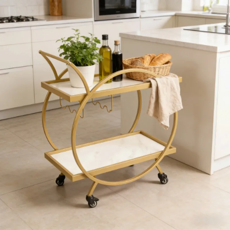 Nordic Retro Gold Metal Mobile Serving Cart, Multifunctional Dining Trolley with Wine Glass Holder for Living Room & Hotel