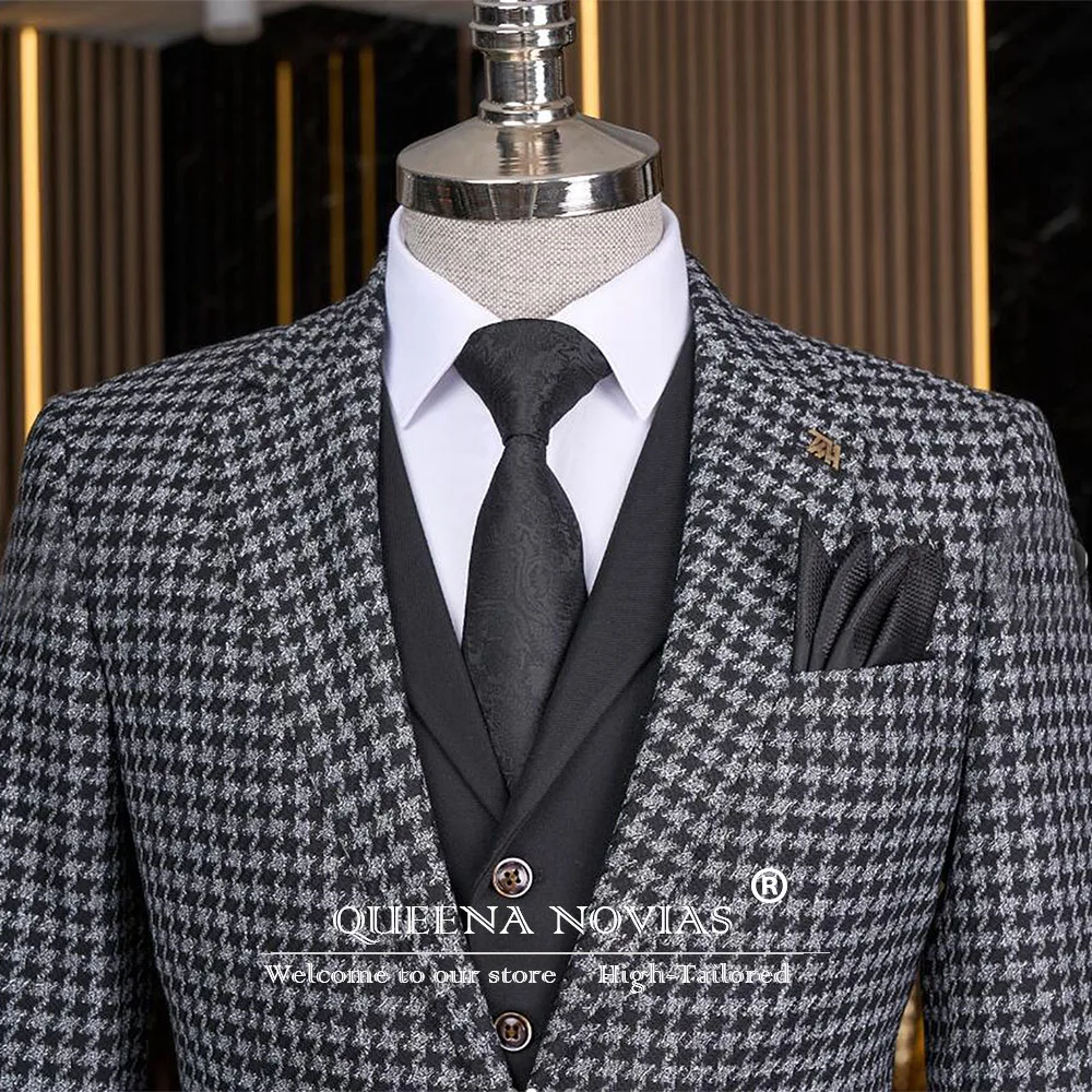 Elegant Houndstooth Suits Men Single Breasted Prom Blazers Customized 3 Pieces Prom Groom Wedding Tuxedos Male Classic Clothing