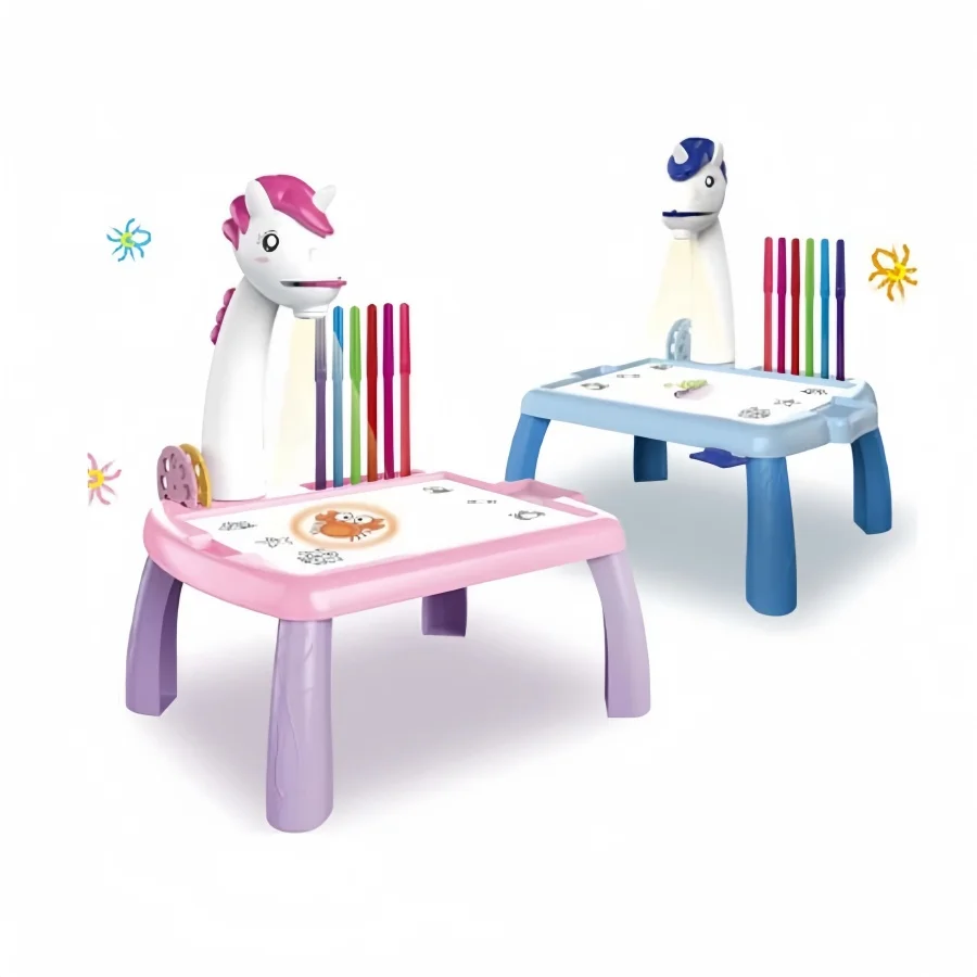 1Pc Kidsren's Projectie Eenhoorn Tekentafel Verlichting Vroeg Onderwijs Tekentafel Tafel Schilderen Graffiti Schilderen Peuter Speelgoed