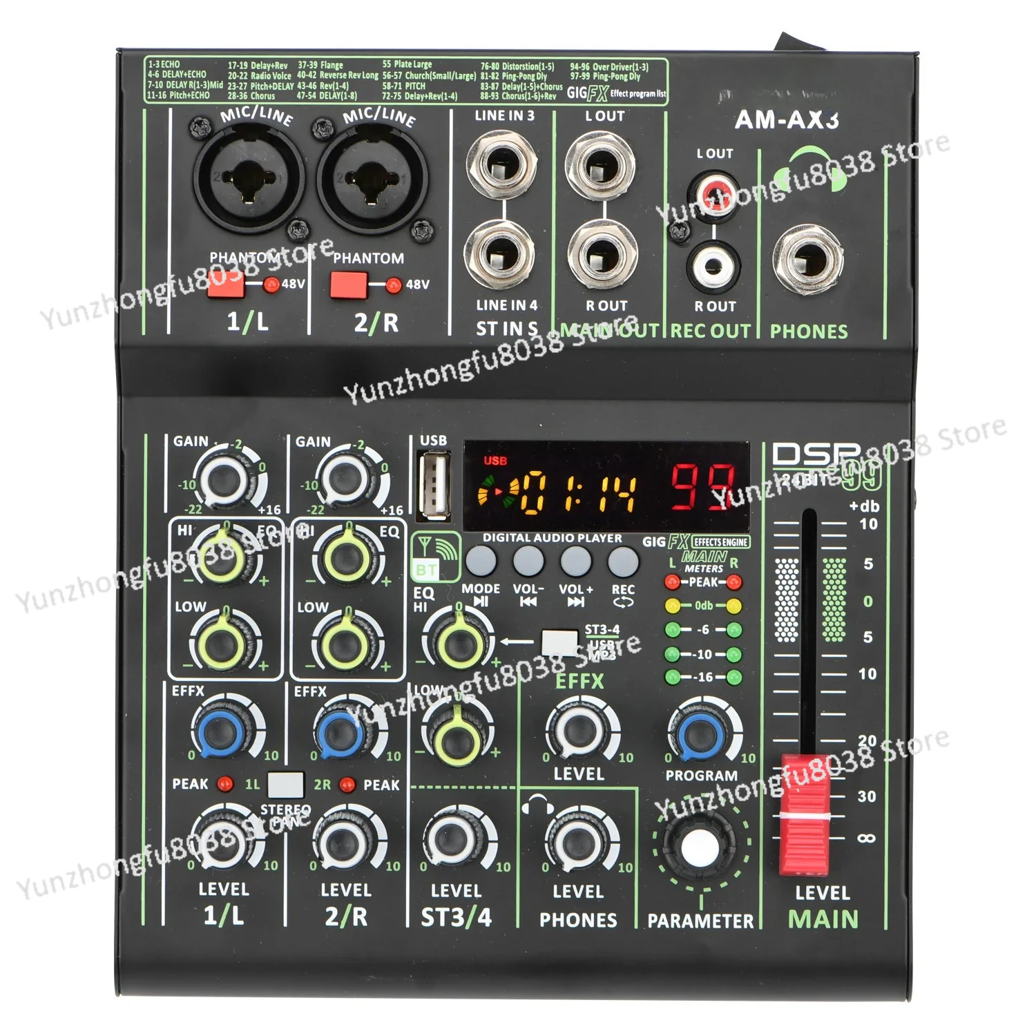

4-канальный аудиомикшер, мини-портативная консоль для микширования звука, Bluetooth, USB, воспроизведение, 99 DSP, эффект, 48 В, Dj-контроллер AM-AX3