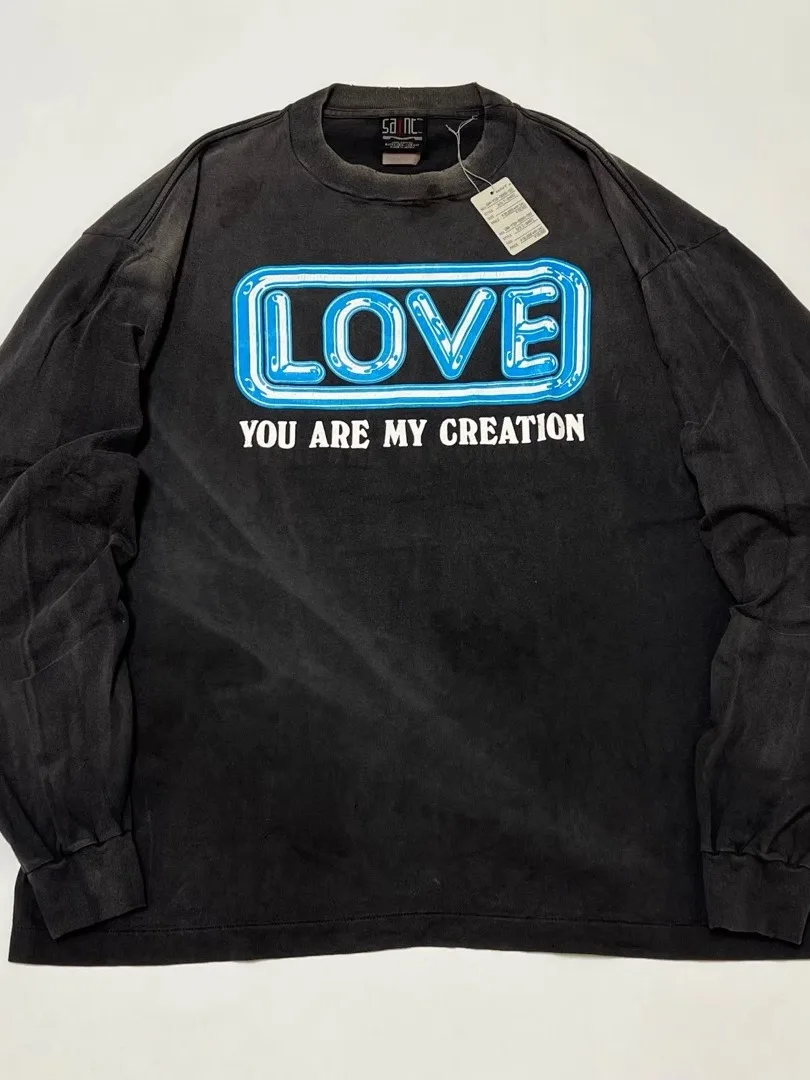 

Ретро-футболка Sainxxxxxx с винтажным принтом, длинным рукавом, круглым вырезом и логотипом, английский дизайн, эксклюзивная футболка