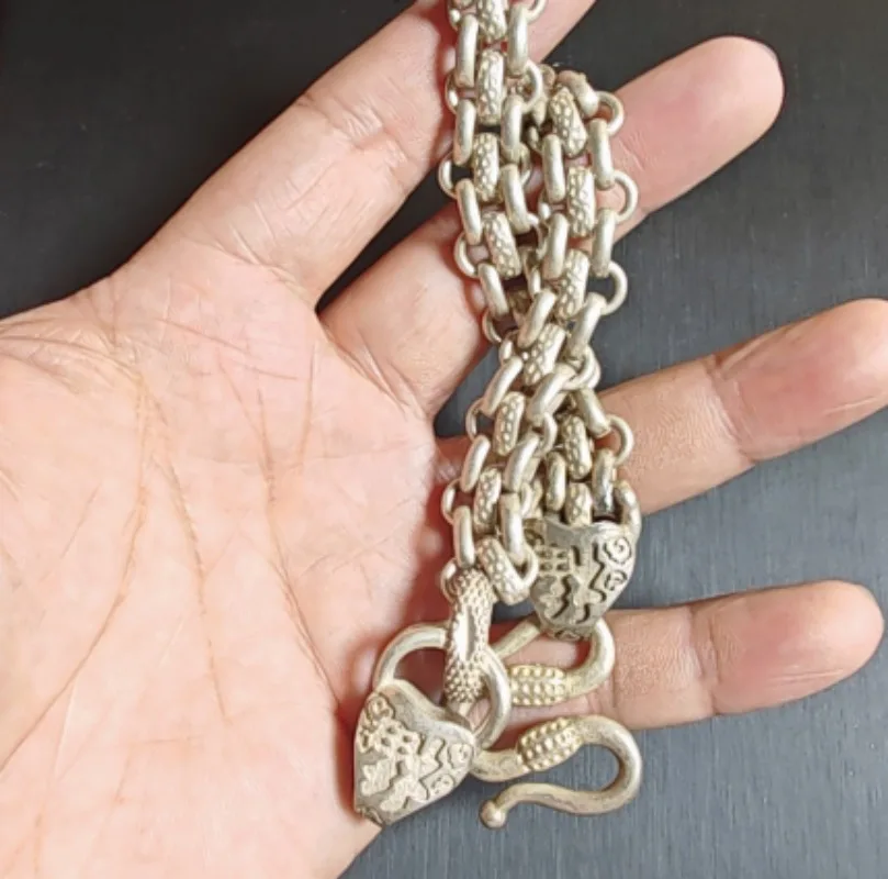 Antique Silver Plated Alloy Double Snake Head Bracelet Flat Link Chain Gothic Punk Unisex Wrist Jewelry