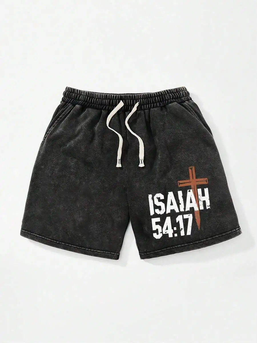 

Mens Black Vintage Washed Cotton Shorts With Isaiah 54:17 Cross Print Casual Drawstring Elastic Waist