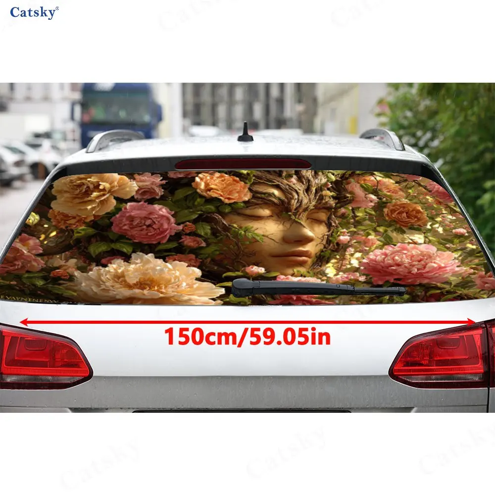 Flower Tree Spirit Goddess PVC Perforated Car Vinyl Wraps, Durable Car Windshield Sticker, Waterproof Car Window Decal