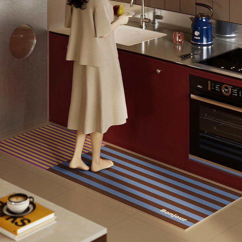 Kitchen Floor Mat Pvc Waterproof Leather Carpet Striped Antique Style Carpets Long Foot Mats Non-slip Oil-proof Home Decor Rug