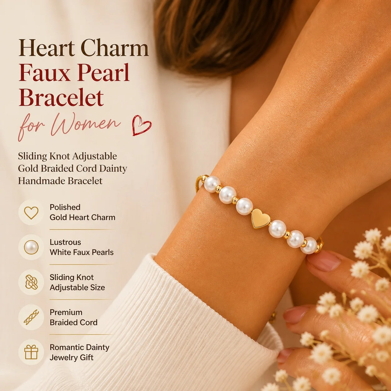 1pc Women's Simulated Baroque Pearl Strand Bracelet with Gold Color Copper Heart Charm Sweet Romantic Lace Up Closure